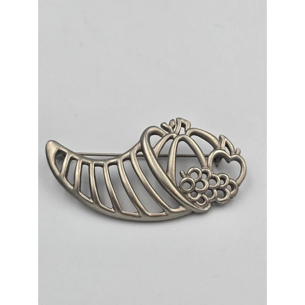 Vintage Silver Tone Cornucopia Horn of Plenty Harvest Brooch Pin Thanksgiving